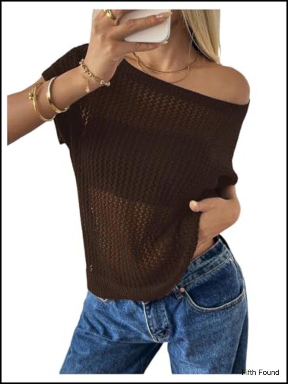 Crochet Off Shoulder Knit Pullover Short Sleeve Sweater